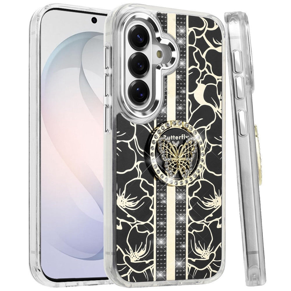 Phone Case for Samsung Galaxy S26 FE /S26 Fan Edition Floral Butterfly Ring Stand Glitter Bling Shockproof Hybrid Luxury Fashion Protective Anti Slip Durable Grip Cover