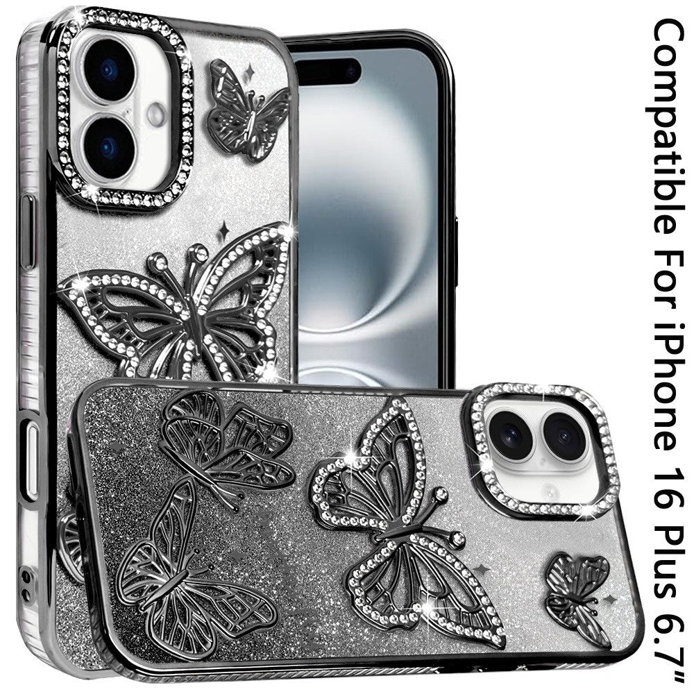 Phone Case for Apple iPhone 16 Plus Butterfly Freedom Shimmer Glitter Thick TPU Shockproof Anti Slip Durable Protective Design Cover Black
