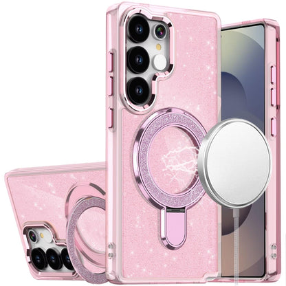 Phone Case for Samsung Galaxy S25 Ultra Colofull Transparent Glitter Magnetic Ring Stand Shockproof Rotating Grip Protective Hybrid Durable Cover Light Pink