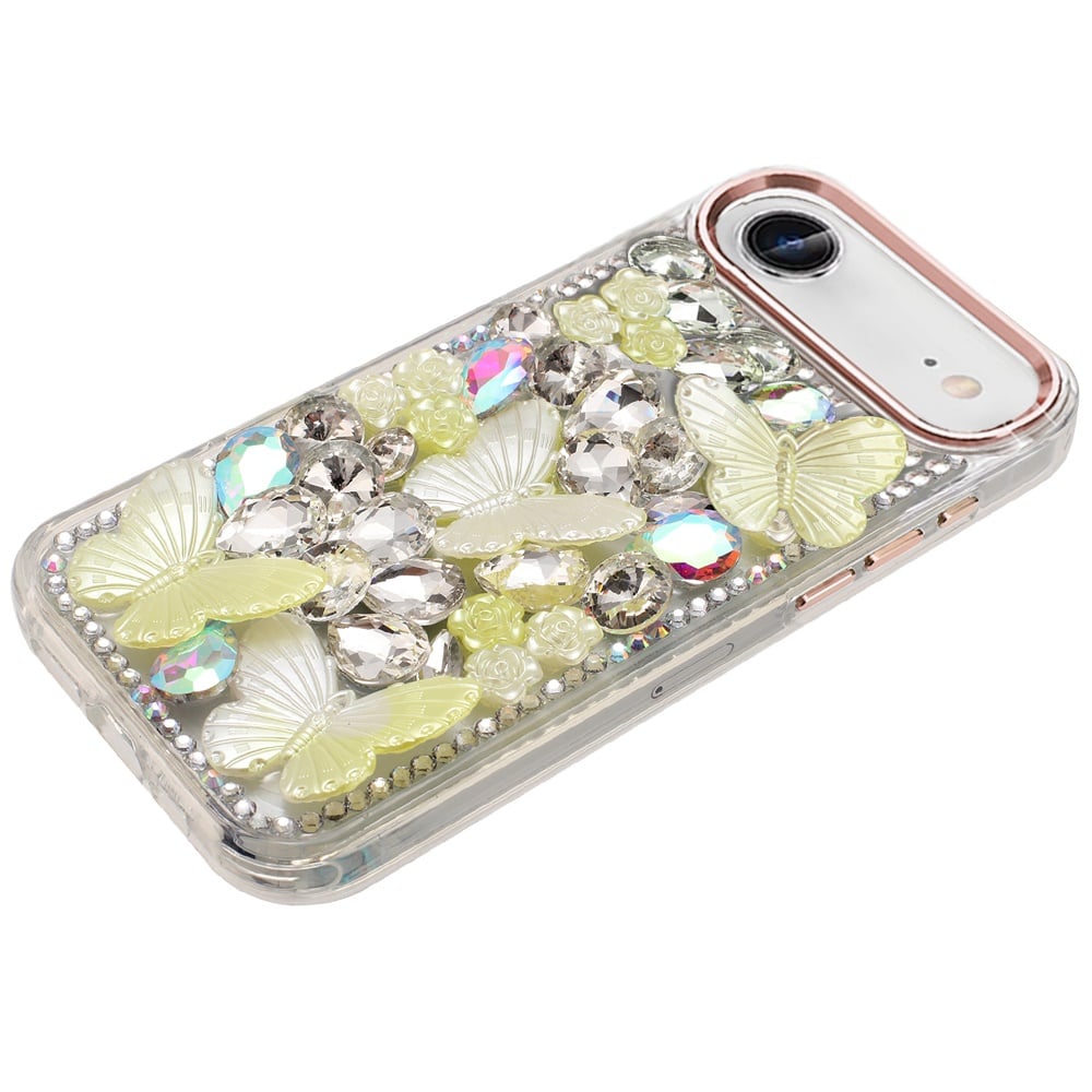 For Apple iPhone 17 Air (6.6") 3D Diamond Floral Butterfly Bling Stone Hybrid, Sparkly Rhinestone Gemstone Back Shockproof Case Cover