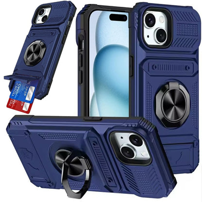 Phone Case for Apple iPhone 15 Multi Functional Card Slot Shockproof Metal Ring Hybrid Wallet Rugged Protective Grip Heavy Duty Durable Cover Blue