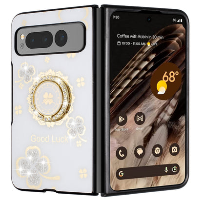 For Samsung Galaxy Z Flip 7 FE Diamonds 3D Fashion Floral Bling Sparkly Glitter Ornaments Engraving Hybrid with Ring Stand Case Cover White Good Luck Floral