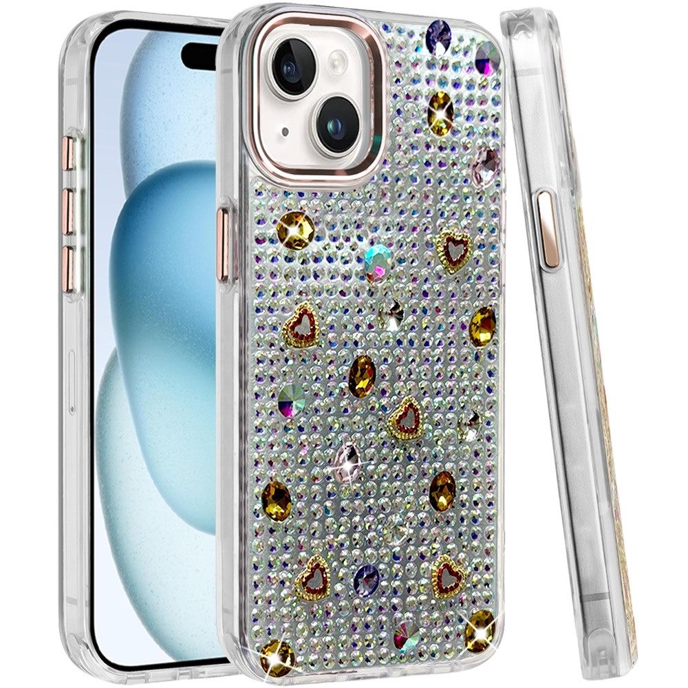Phone Case for iPhone 15 Chrome Fashion Hybrid Bling Diamond Heart Rhinestone Decorative Stones Sparkling Embellished Design Cover