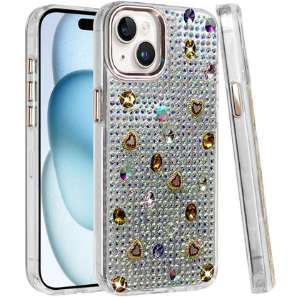 Phone Case for iPhone 15 Chrome Fashion Hybrid Bling Diamond Heart Rhinestone Decorative Stones Sparkling Embellished Design Cover