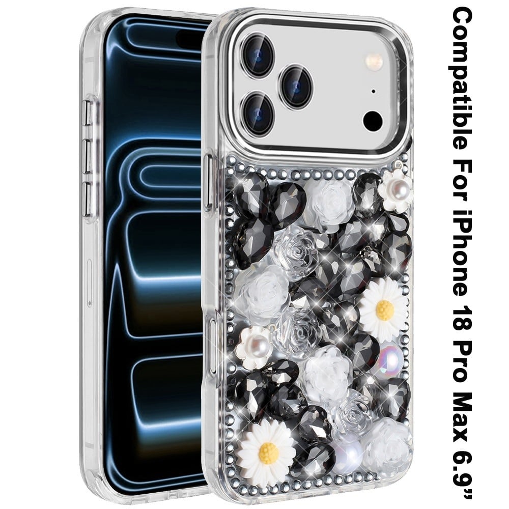 Phone Case for Apple iPhone 18 Pro Max Full Bling Rhinestone Glitter Floral Luxury Hybrid Shockproof Stylish Sparkling Protective Designer Ornament Cover