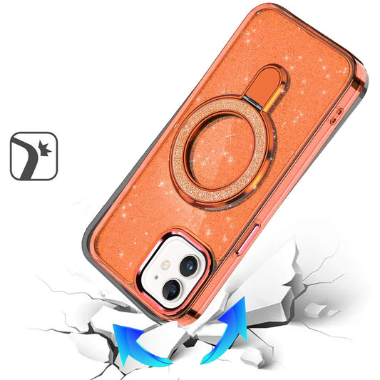 For Apple iPhone 11 Transparent Glitter Bling Case with Rotating Magnetic Ring Stand, Shockproof Hybrid Case Cover Cosmic Orange