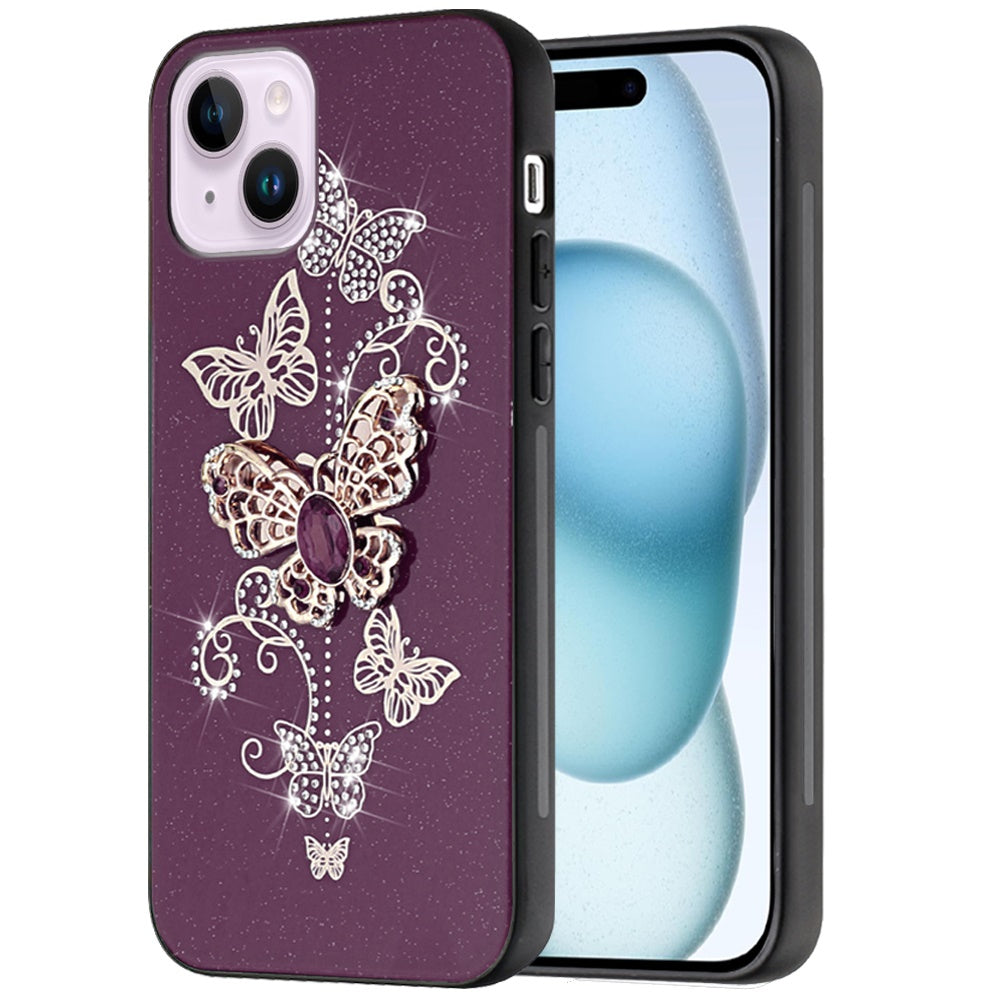 Phone Case for iPhone 15 Diamond Glitter 3D Butterfly Engraved Luxury Bling Hybrid Shockproof Chrome Edge Protective Durable Grip Cover Purple
