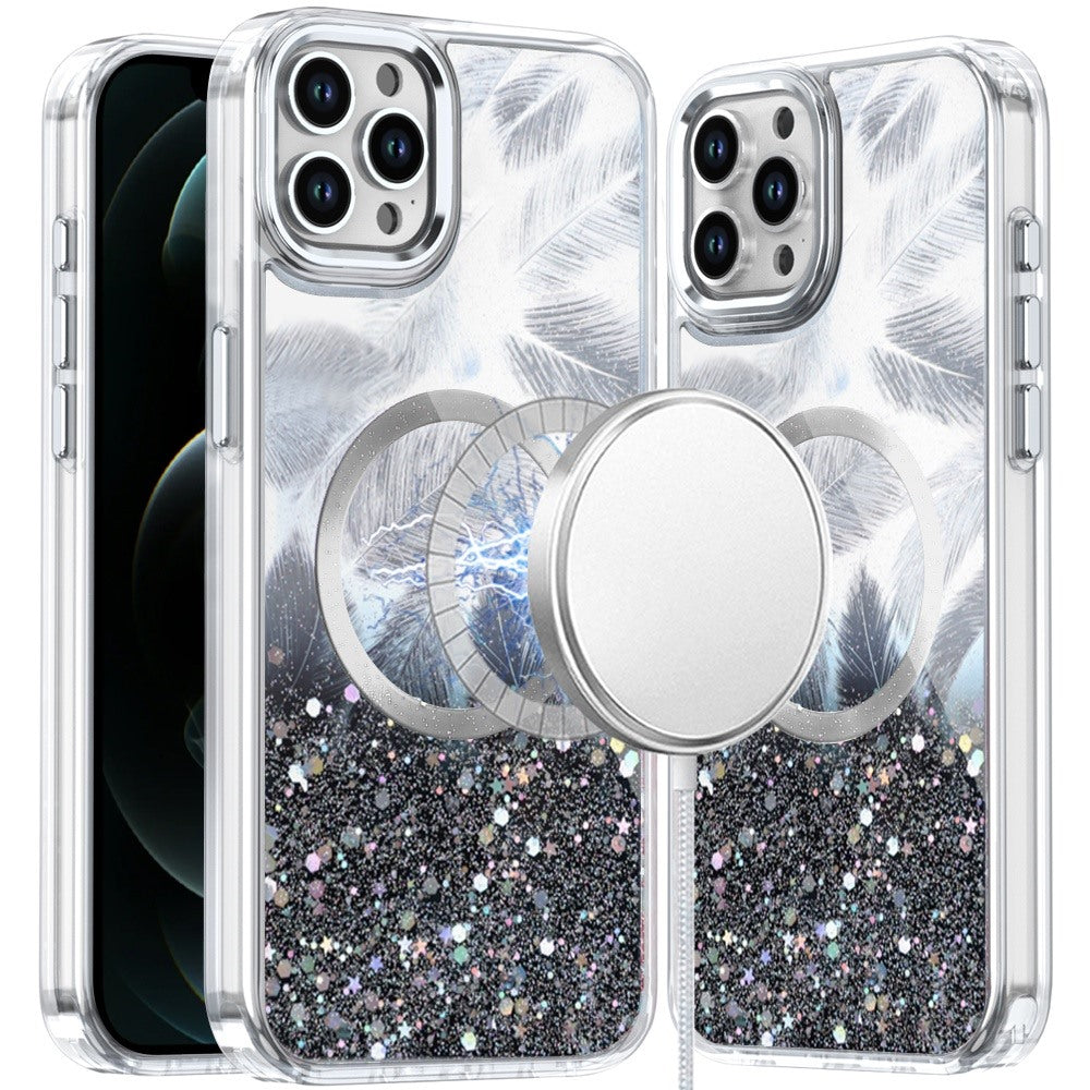 For Apple iPhone 15 Pro Max Epoxy Glitter Shimmer Fashion Case with Magnetic Magsafe Compatible Hybrid Sparkling Slim Protective Case Cover Black