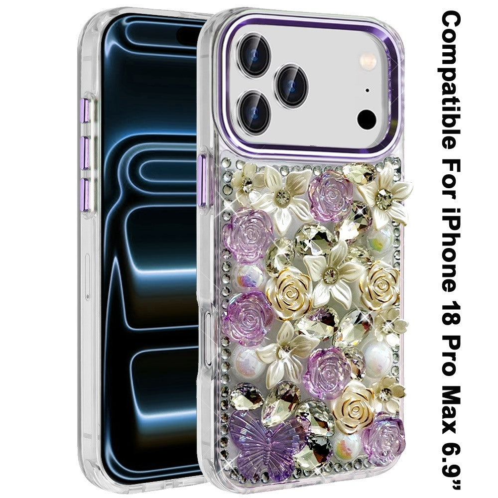 Phone Case for Apple iPhone 18 Pro Max Luxury Rose Bling Rhinestone Glitter Floral Hybrid Shockproof Stylish Protective Designer Ornament Sparkle Cover