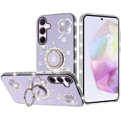 For Samsung Galaxy A37 Diamonds Bling All Around Edges Sparkly Glitter Hybrid with Ring Stand Holder Fashion Good Luck Case Cover