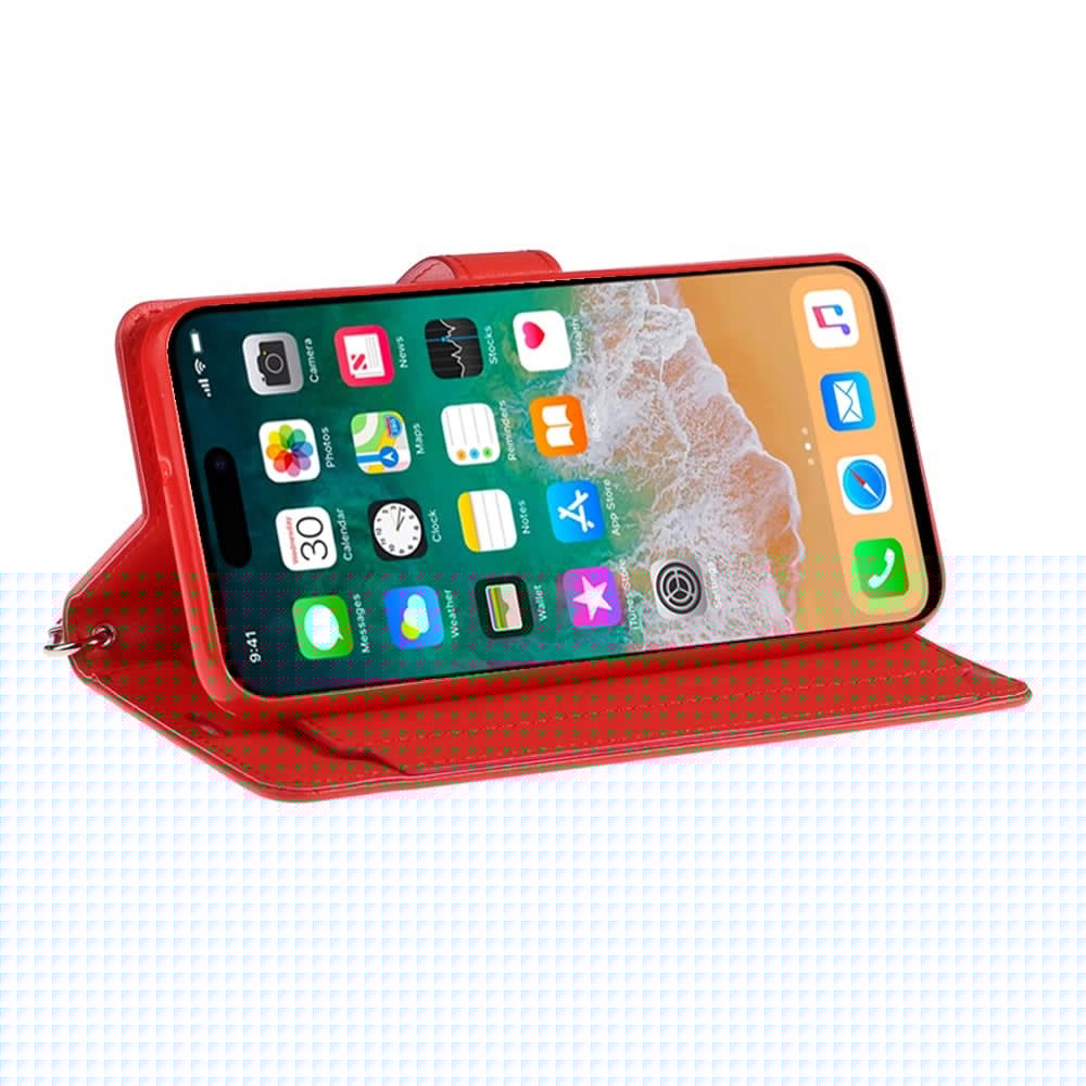 For Apple iPhone 16 Plus Wallet Cases PU Leather with Credit Card /ID /Cash Holder Slot Dual Flip Book Pouch, Stand and Strap Case Cover Red