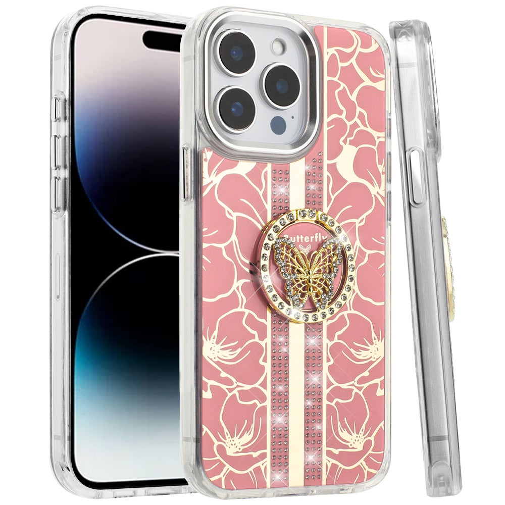 Phone Case for Apple iPhone 14 Pro Max Floral Butterfly Ring Stand Glitter Bling Shockproof Hybrid Luxury Fashion Protective Anti Slip Durable Grip Cover