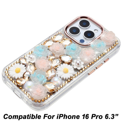 Phone Case for Apple iPhone 16 Pro Full Bling Rhinestone Glitter Floral Luxury Hybrid Shockproof Stylish Sparkling Protective Designer Ornament Cover