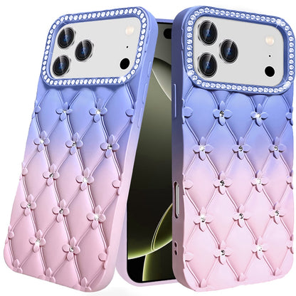 For Apple iPhone 17 AIR Fashion Flower Design Sparkle Glitter Shimmer Rhinestone Bling Floral Accents, Leather Texture TPU Case Cover