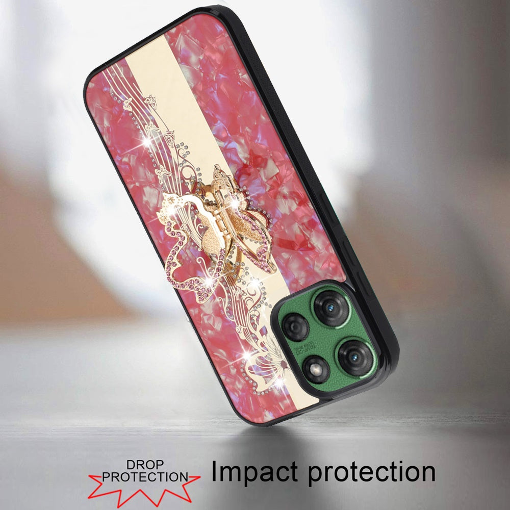 For Motorola Moto G 5G 2025 Diamonds 3D Butterfly Bling Sparkly Glitter Ornaments Engraving Hybrid with Stand Fashion Case Cover Enchanted Butterfly Red