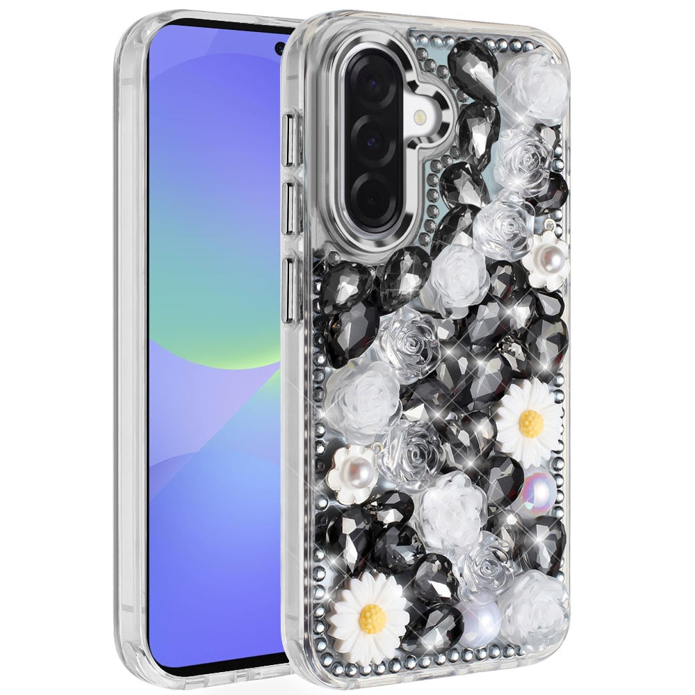 For Samsung Galaxy A37 Fashion Daisy Floral Series, Full 3D Bling Crystal Diamonds Sparkling Rhinestone Glitter Hybrid Design Case Cover