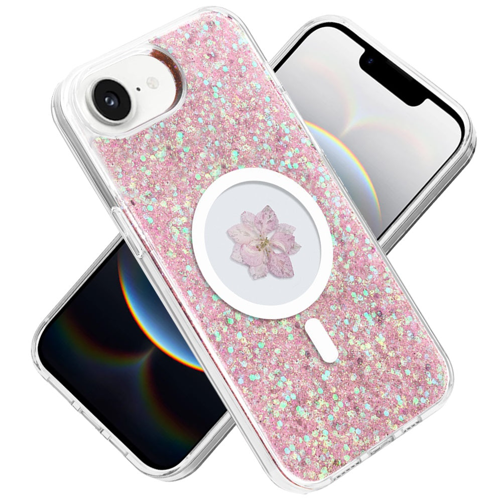 For Apple iPhone 16e MagSafe Compatible Glitter Flower Epoxy Hybrid Slim TPU Case, Magnetic Circle Design, Sparkly Bling Protective Case Cover