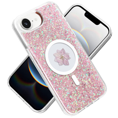 For Apple iPhone 16e MagSafe Compatible Glitter Flower Epoxy Hybrid Slim TPU Case, Magnetic Circle Design, Sparkly Bling Protective Case Cover