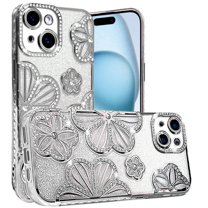 For Apple iPhone 15 Luxury Flower Design Sparkle Glitter Diamond Rhinestone Shimmer Bling Plating Thick TPU Hard PC Case Cover