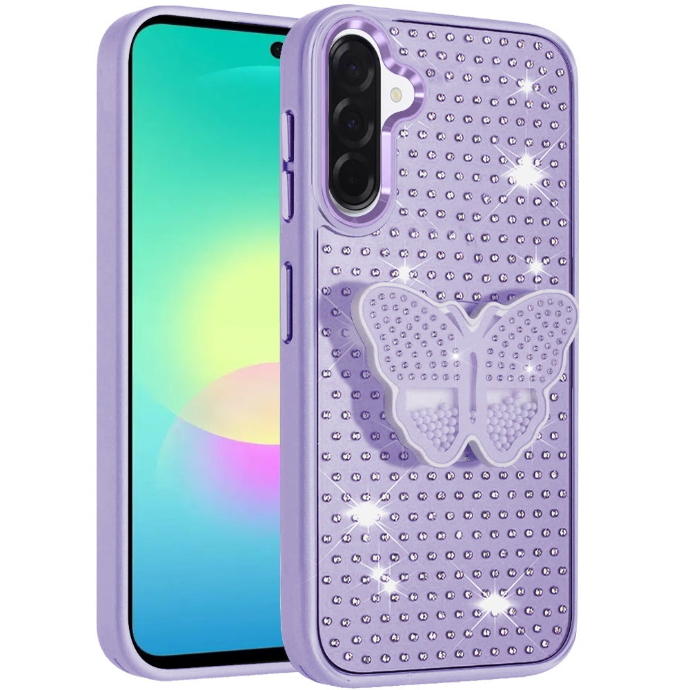Phone Case for Samsung Galaxy A27 Butterfly Grip Pop Stand Diamond Sparkle Hybrid Shockproof Metal Button Slim Protective Grip Decorative Design Cover