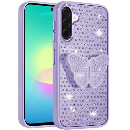 Phone Case for Samsung Galaxy A27 Butterfly Grip Pop Stand Diamond Sparkle Hybrid Shockproof Metal Button Slim Protective Grip Decorative Design Cover