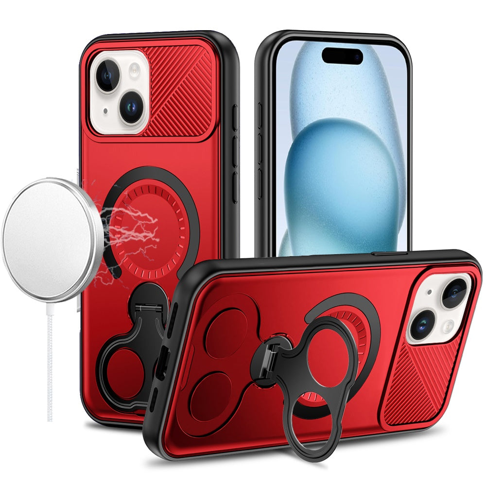 For iPhone 15 (6.1") Hybrid with Invisible 2 Hole Ring Stand Magnetic back Car Mount Friendly Protector Case Cover