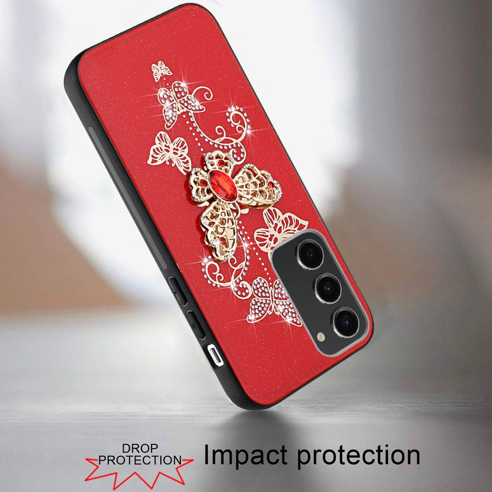 For Samsung Galaxy A06 Diamonds 3D Butterfly Bling Sparkly Glitter Ornaments Engraving Hybrid Metal Fashion Case Cover Red Garden Butterflies