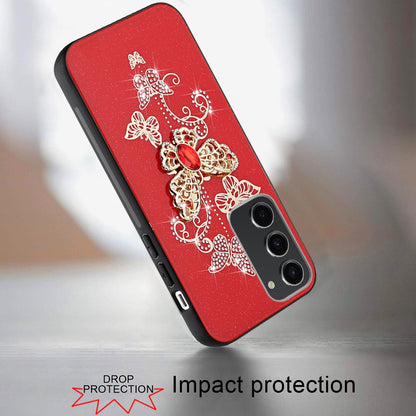 For Samsung Galaxy A36 Diamonds 3D Butterfly Bling Sparkly Glitter Ornaments Engraving Hybrid Metal Fashion Case Cover Red Garden Butterflies