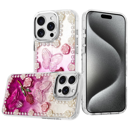 For Apple iPhone 13 Pro Max Bling Fashion Design with 3D Pearls Epoxy Glitter Ornaments Chrome Edge Hard Slim PC Case Cover