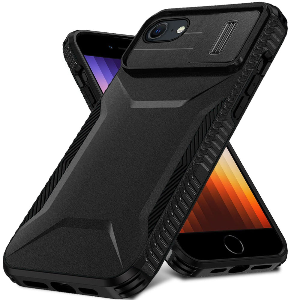 For Apple iPhone SE 3 (2022) SE/8/7 Slim Fit Shockproof Hybrid with Slide Camera Window Covering, Rugged Tpu Silicone Hard PC Bumper Case Cover