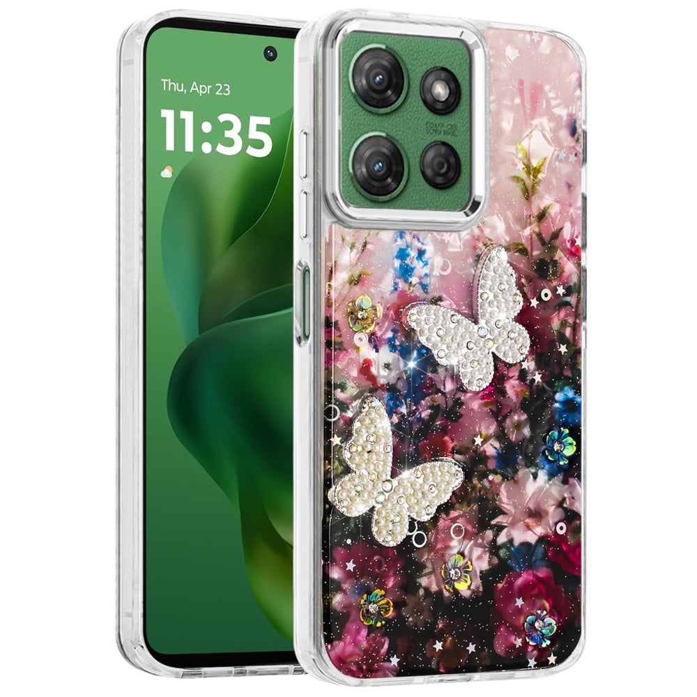 For Motorola Moto G Power 5G 2025 Epoxy Glitter Flowers Bling 3D Butterfly Fashion TPU Hybrid with Shockproof Protection Case Cover