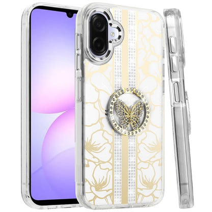 For Samsung Galaxy A07 Diamonds 3D Butterfly Floral Design Bling Sparkly Glitter Hybrid Metal Fashion with Ring Stand Case Cover
