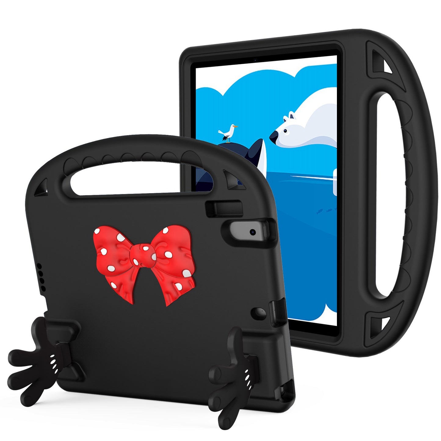 For Hybrid Shockproof Tablet with Bow Hands Kickstand Antislip Rubber TPU Kid-Friendly Drop Protection Black Tablet Case Cover