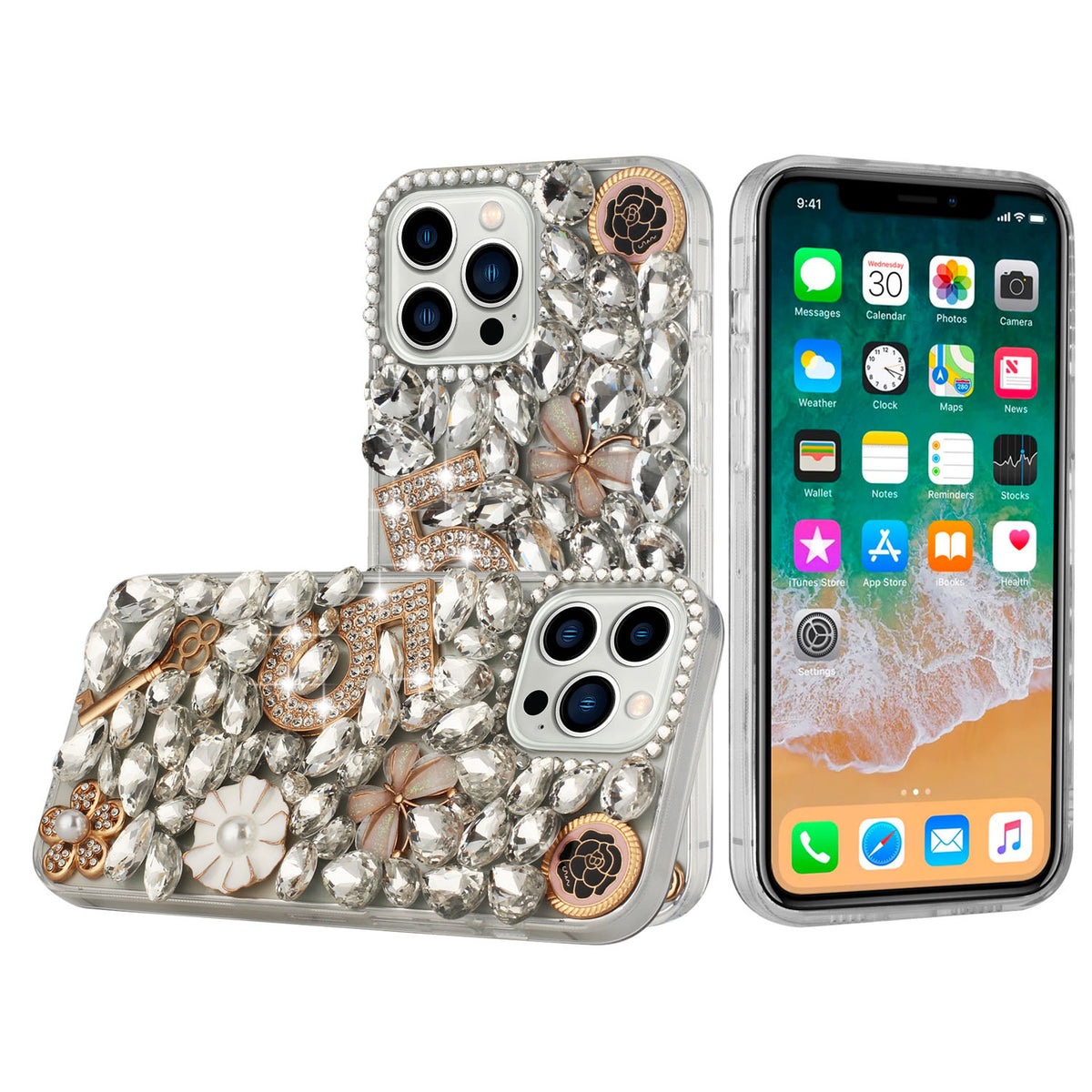 Phone Case for iPhone 15 Luxury Full Diamond Glitter 3D Floral Ornament Hybrid Shockproof Stylish Rhinestone Designer Protective Elegant Cover