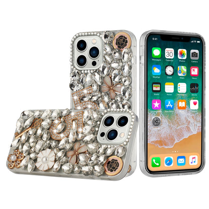 Phone Case for iPhone 15 Luxury Full Diamond Glitter 3D Floral Ornament Hybrid Shockproof Stylish Rhinestone Designer Protective Elegant Cover
