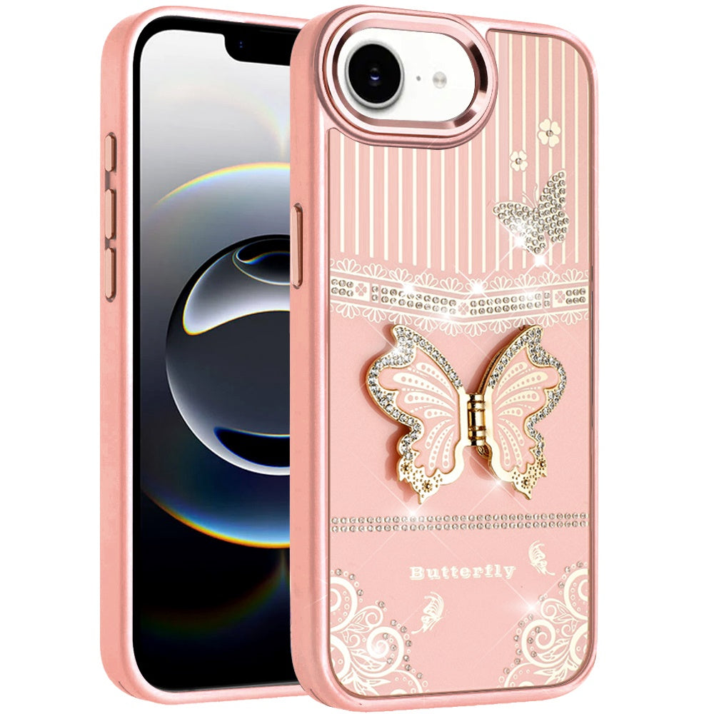 For Apple iPhone 17E /16E Glitter 3D Butterfly Design Bling Metallic Edge Hybrid Stand Drop Protection TPU Shockproof Case Cover