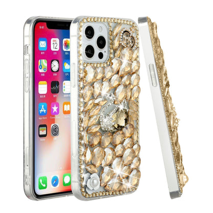 Phone Case for Apple iPhone 15 Pro Max Luxury Full Diamond Glitter 3D Floral Ornament Hybrid Shockproof Stylish Rhinestone Designer Protective Elegant Cover Gold