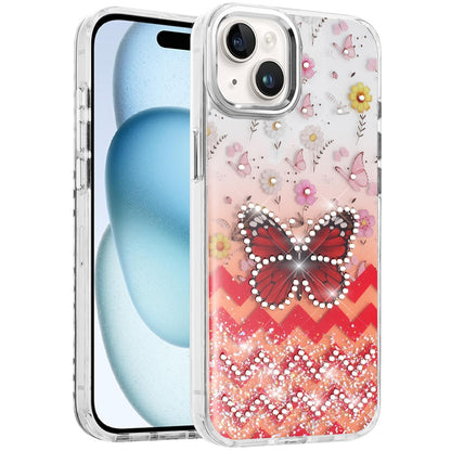 Phone Case for Apple iPhone 15 Butterfly Resin Epoxy Diamond Bling Metal Edge Shockproof Hybrid Luxury Protective Durable Stylish Fashion Grip Cover