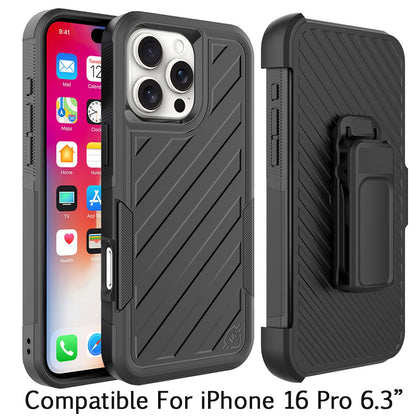 For Apple iPhone 16 Pro (6.3") Premium Design Hybrid lined with Belt Clip Holster Shockproof Rugged Textured 2in1 Non Slip Tough Case Cover Black