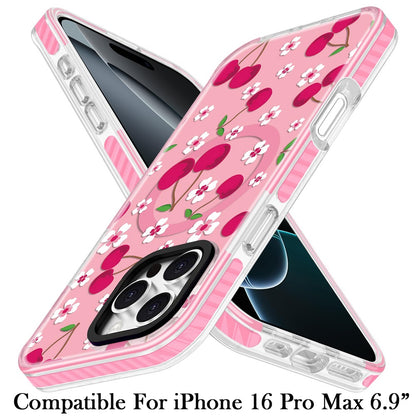 Phone Case for Apple iPhone 16 Pro Max Magnetic Hybrid IMD Floral Compatible with MagSafe Shockproof Slim Hybrid Fashion Design TPU Protective Cover Cherry Sprinkle on Pink