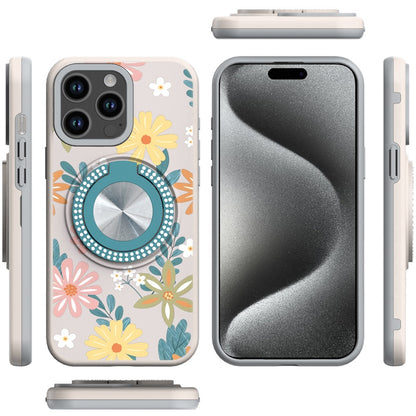 For Apple iPhone 15 Pro Max Pattern Design Hybrid with Invisible Ring Stand & Magnetic Back, Shockproof Protective Grip Case Cover