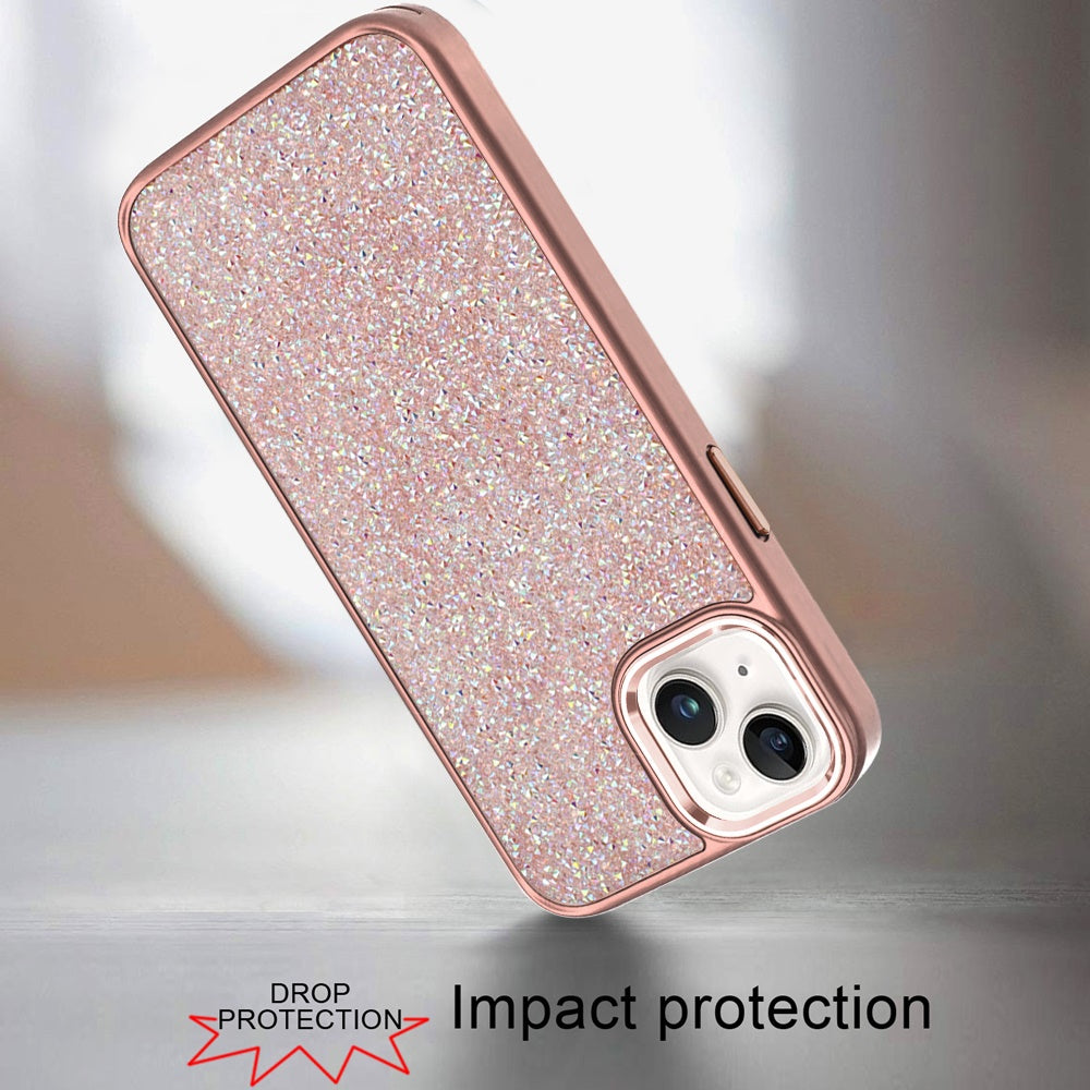 For iPhone 15 (6.1") Crystal Sparkle Diamond Glass Full Mini Glitter Bling Frame TPU Hybrid Protective Case Cover
