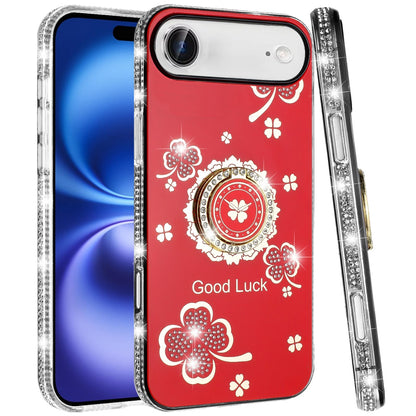 For Apple iPhone 17 Air (6.6") Diamonds Bling All Around Edges Sparkly Glitter Hybrid with Ring Stand Holder Fashion Good Luck Case Cover