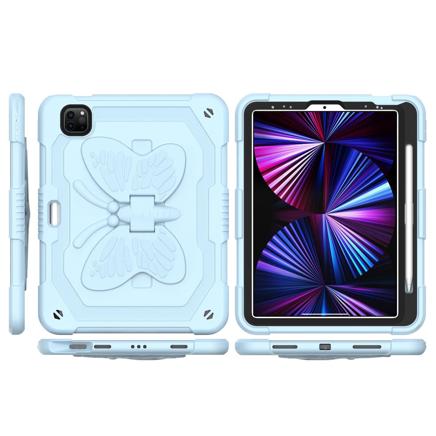 For Butterfly Wings Kickstand 3in1 Tough Hybrid with Pencil Holder Heavy Duty Rugged Shockproof Full Protective Light Blue Tablet Case Cover