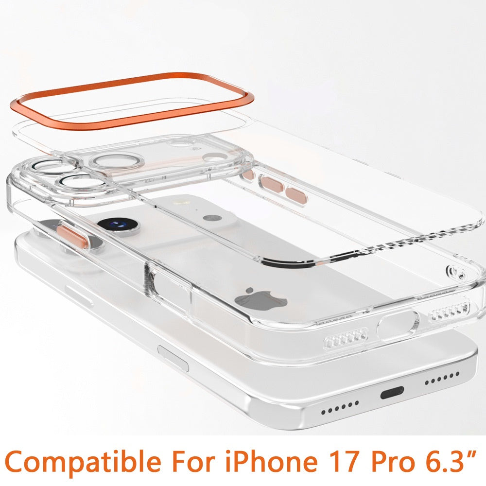 For Apple iPhone 17 Pro (6.3") Transparent Clear Hybrid with Matching Metal Buttons and Camera Protection Hard PC + TPU Rubber Case Cover Cosmic Orange