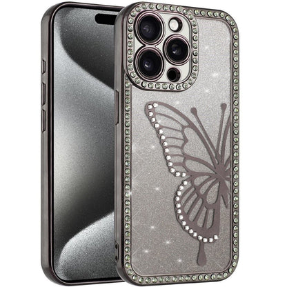 For Apple iPhone 15 Pro Max Butterfly Glitter Diamond Shimmer Hybrid Slim & Stylish Electroplated Sparkly Bling Shockproof TPU Protective Case Cover