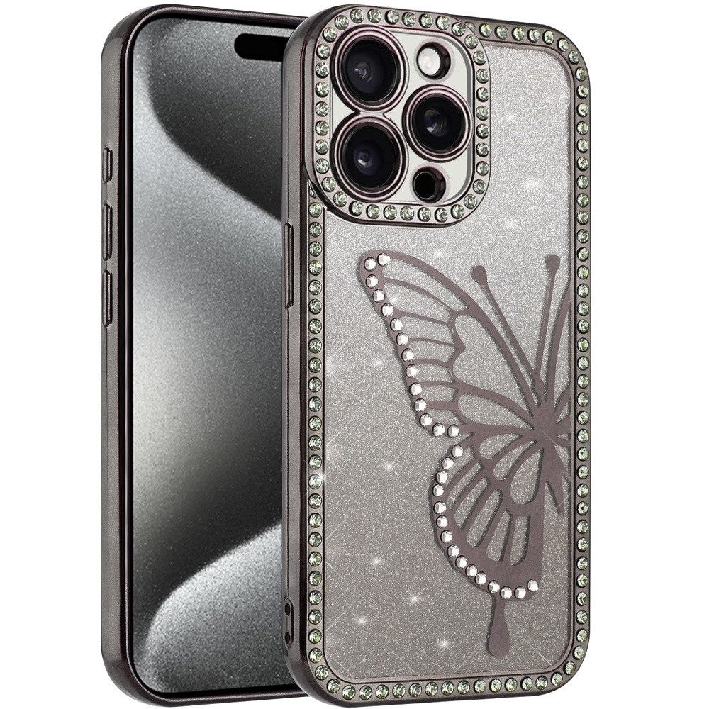 For Apple iPhone 17E /16E Butterfly Glitter Diamond Shimmer Hybrid Slim & Stylish Electroplated Sparkly Bling Shockproof TPU Protective Case Cover Black