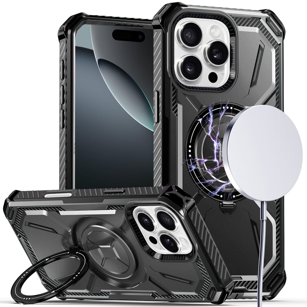 For Apple iPhone 16 Pro Shockproof Hybrid Magnetic Ring Case - 360° Rotatable Stand with MagSafe Compatibility Case Cover Black