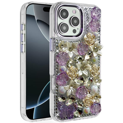 Phone Case for Apple iPhone 16 Pro Luxury Rose Bling Rhinestone Glitter Floral Hybrid Shockproof Stylish Protective Designer Ornament Sparkle Cover Purple