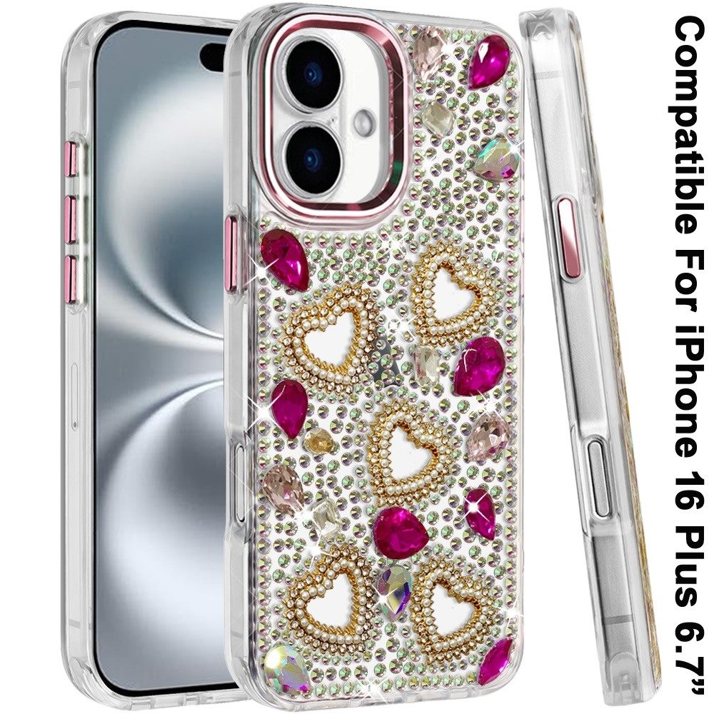 Phone Case for Apple iPhone 16 Plus Luxury Crystal Heart Rhinestone Diamond Bling Shockproof Hybrid Glitter Protective Stylish Durable Grip Cover
